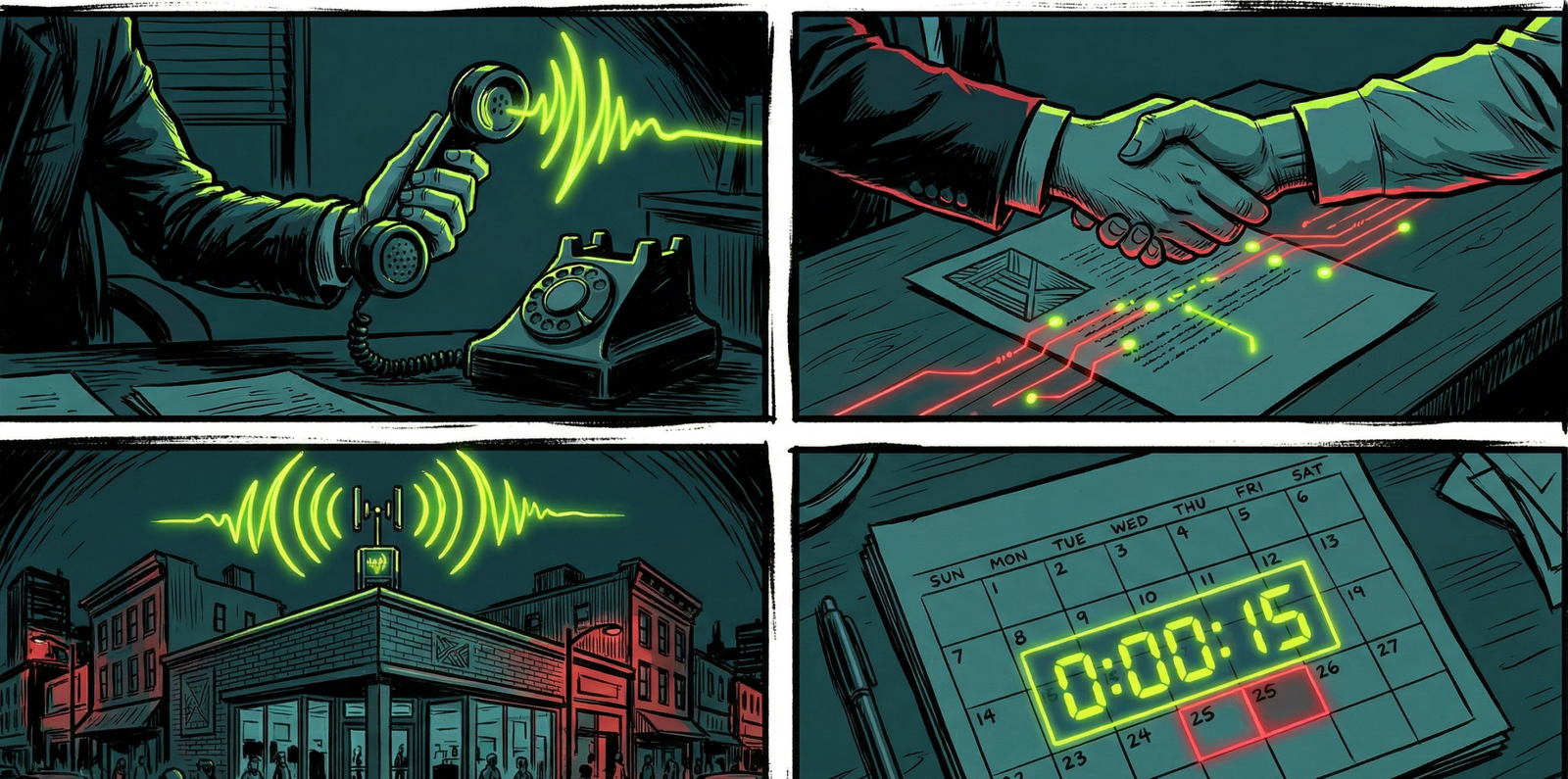 Graphic novel illustration showing four offline conversion scenarios: a phone call leading to a sale, a signed contract, an in-store purchase, and a closed deal — representing real-world conversions that happen outside the ad platform.