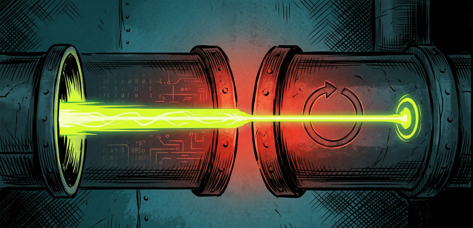 Graphic novel illustration of two pipeline sections bridging a gap, with a neon green signal beam connecting them across a glowing red divide, representing the closing of the attribution gap in offline conversion tracking.